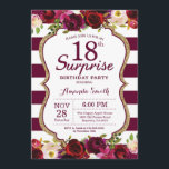 Invitación Burgundy Floral Surprise 18th Birthday Party<br><div class="desc">Invitación a la fiesta de cumpleaños número 18 de Burgundy Floral Surprise. Invitación a la fiesta de cumpleaños rojo y oro de Borgoña. Brillantina dorada. Flor floral color agua de Borgoña. Rayas Borgoña y Blanca. 13.º 15.º 16.º 18.º 20.21.30.40.º 50.60.70.80.90.100, Cualquier Edad. Digital Imprimible. Para una mayor personalización, haga clic...</div>