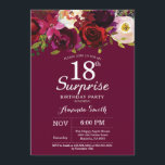 Invitación Burgundy Floral Surprise 18th Birthday Party<br><div class="desc">Invitación a la fiesta de cumpleaños número 18 de Burgundy Floral Surprise. Invitación a la fiesta de cumpleaños roja de Borgoña. Flor floral color agua de Borgoña. 13.º 15.º 16.º 18.º 20.21.30.40.50.60.70.80.90.100. Para una mayor personalización, haga clic en el botón "Personalizar" y utilice nuestra herramienta de diseño para modificar esta...</div>