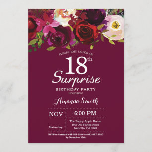 Invitación Burgundy Floral Surprise 18th Birthday Party