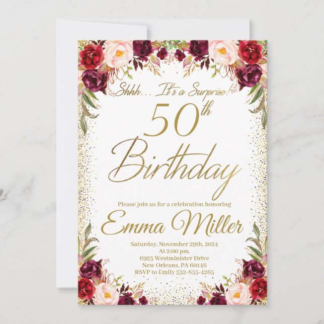 Invitación Burgundy Floral Surprise 50 cumpleaños (Anverso)
