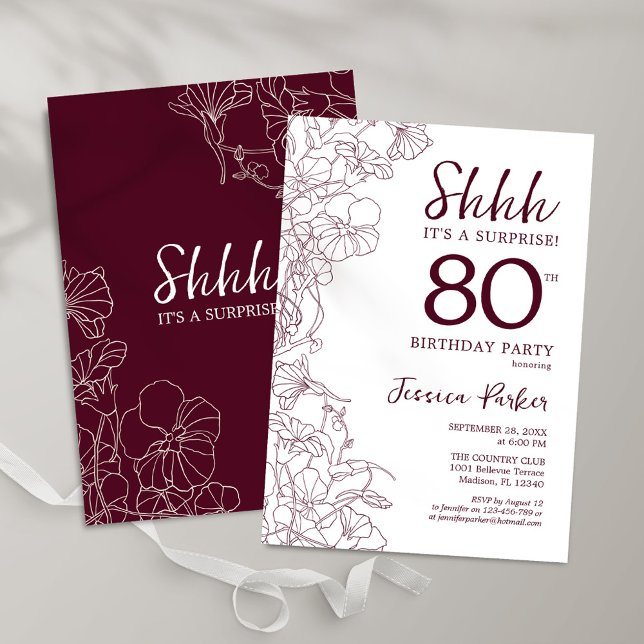 Invitación Burgundy Floral Surprise 80º cumpleaños (Subido por el creador)