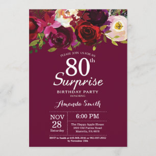 Invitación Burgundy Floral Surprise 80th Birthday Party