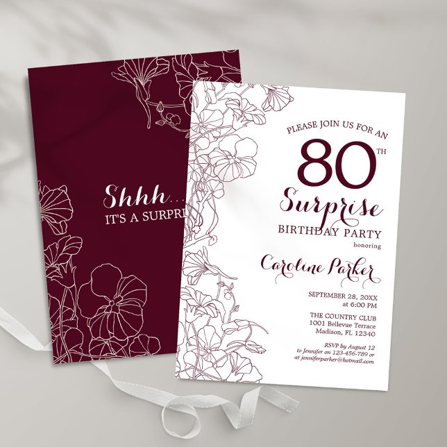 Invitación Burgundy Floral Surprise 80th Birthday Party (Subido por el creador)