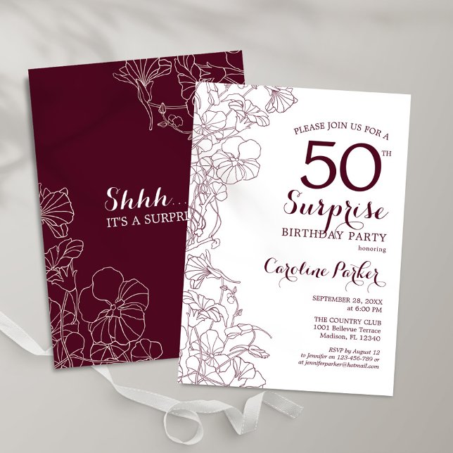 Invitación Burgundy Floral Surprise Fiesta de 50 Años (Subido por el creador)