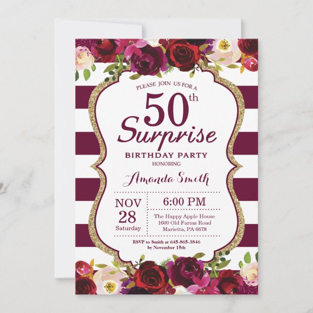 Invitación Burgundy Floral Surprise Fiesta de 50 Años (Anverso)