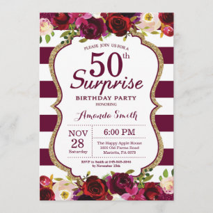 Invitación Burgundy Floral Surprise Fiesta de 50 Años