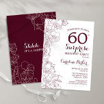 Invitación Burgundy Floral Surprise Fiesta de cumpleaños núme<br><div class="desc">Invitación a la fiesta de cumpleaños número 60 de Borgoña y blanco. Elegante diseño moderno de marsala de vinos con acentos botánicos y tipografía de escritura. Sencilla tarjeta de invitación floral perfecta para una elegante celebración de cumpleaños sorpresa femenina. Se puede personalizar a cualquier edad. Invitaciones Zazzle impresas o una...</div>