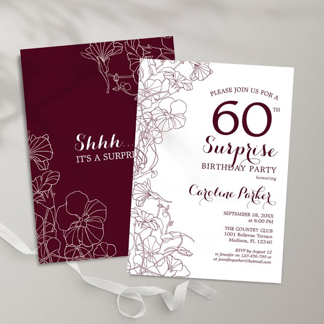 Invitación Burgundy Floral Surprise Fiesta de cumpleaños núme (Subido por el creador)