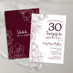 Invitación Burgundy Floral Surprise Fiesta del 30 cumpleaños<br><div class="desc">Invitación a la fiesta de cumpleaños número 30 de Borgoña y blanco. Elegante diseño moderno de marsala de vinos con acentos botánicos y tipografía de escritura. Sencilla tarjeta de invitación floral perfecta para una elegante celebración de cumpleaños sorpresa femenina. Se puede personalizar a cualquier edad. Invitaciones Zazzle impresas o una...</div>