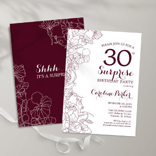 Invitación Burgundy Floral Surprise Fiesta del 30 cumpleaños