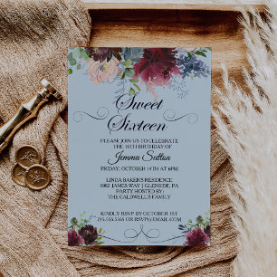 Invitación Burgundy Floral Sweet Dieciséis cumpleaños