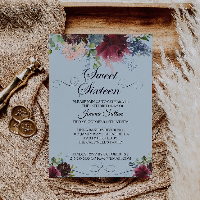 Invitación Burgundy Floral Sweet Dieciséis cumpleaños (Subido por el creador)