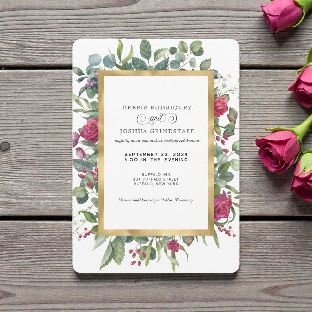 Invitación Burgundy Floral w/Gold Frame Wedding Invitation  (Subido por el creador)