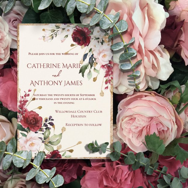 Invitación Burgundy Floral Watercolor Gold Boda (Subido por el creador)