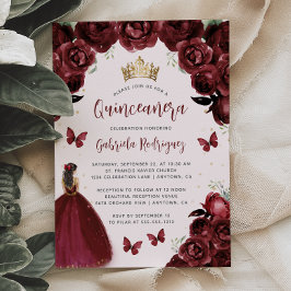 Invitación Burgundy Floral Watercolor Princesa Quinceañera