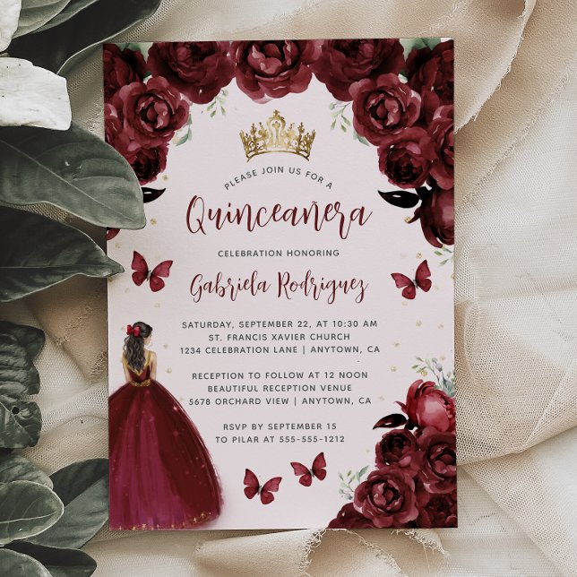 Invitación Burgundy Floral Watercolor Princesa Quinceañera (Subido por el creador)
