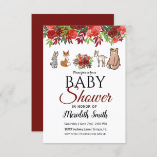 Invitación Burgundy Floral Woodland Animals Baby Shower