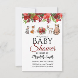 Invitación Burgundy Floral Woodland Animals Baby Shower