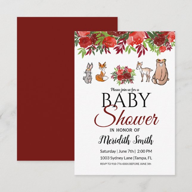 Invitación Burgundy Floral Woodland Animals Baby Shower (Anverso / Reverso)