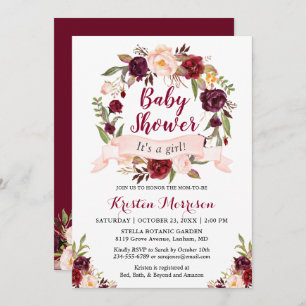 Invitación Burgundy Floral Wreath Rubor Ribbon Baby Shower