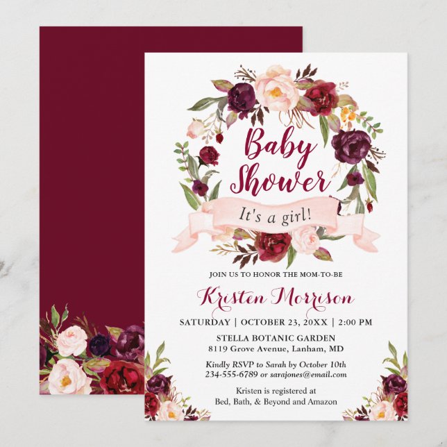 Invitación Burgundy Floral Wreath Rubor Ribbon Baby Shower (Anverso / Reverso)