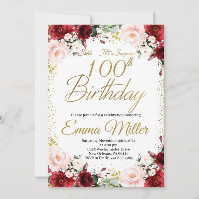 Invitación Burgundy Floral y Gold Surprise 100 cumpleaños (Anverso)