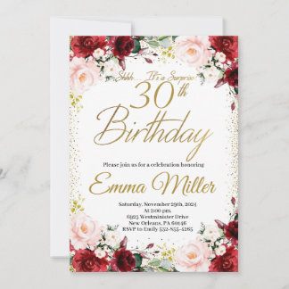 Invitación Burgundy Floral y Gold Surprise 30 cumpleaños