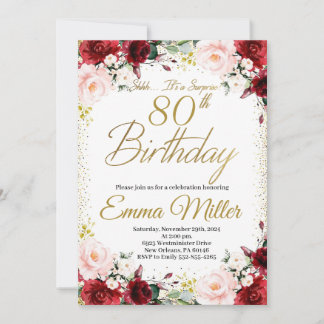 Invitación Burgundy Floral y Gold Surprise 80 cumpleaños