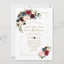 Invitación Burgundy Flores Purpurina de oro contra Boda de la