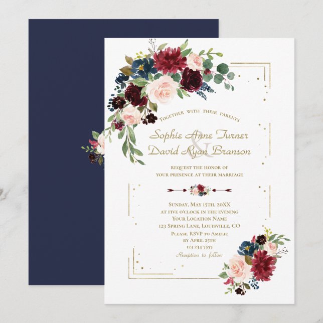 Invitación Burgundy Flores Purpurina de oro contra Boda de la (Anverso / Reverso)
