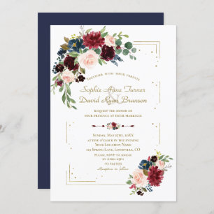 Invitación Burgundy Flores Purpurina de oro contra Boda de la
