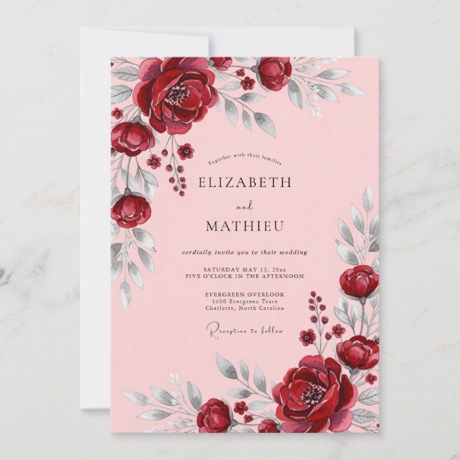 Invitación Burgundy Flourishing Romantic Wedding (Anverso)