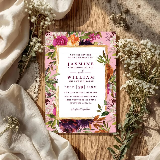 Invitación Burgundy Flower Boho Rustic QR Code Wedding (Subido por el creador)