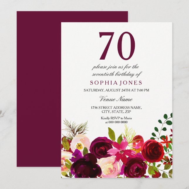 Invitación Burgundy Flowers 70th Birthday Party Invitation (Anverso / Reverso)