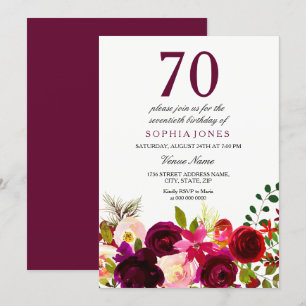 Invitación Burgundy Flowers 70th Birthday Party Invitation