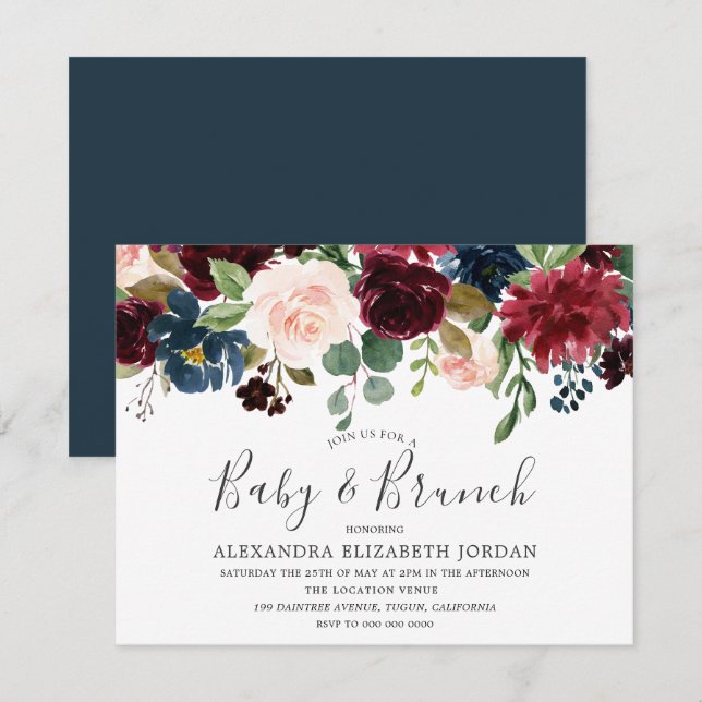 Invitación Burgundy Flowers Baby & Brunch Baby Shower Invitac (Anverso / Reverso)