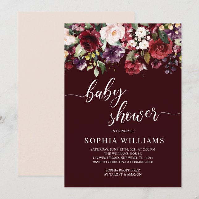 Invitación Burgundy Flowers Baby Shower (Anverso / Reverso)
