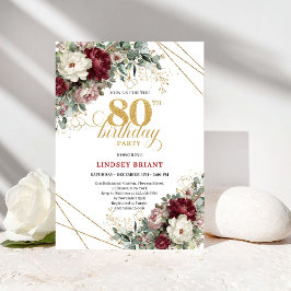 Invitación Burgundy Flowers Eucalyptus Gold 80th Birthday