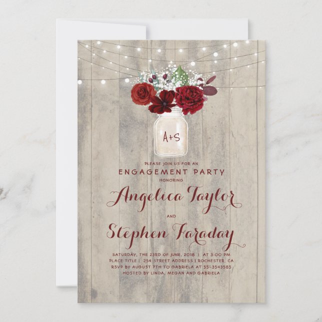 Invitación Burgundy Flowers Mason Jar Rustic Engagement Party (Anverso)