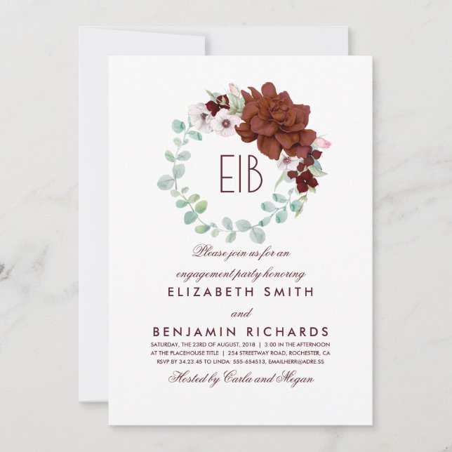 Invitación Burgundy Flowers Monograma Elegant Engagement Part (Anverso)