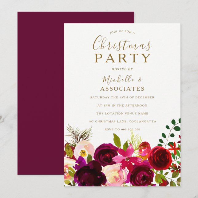 Invitación Burgundy Flowers Office Navidades Fiesta (Anverso / Reverso)