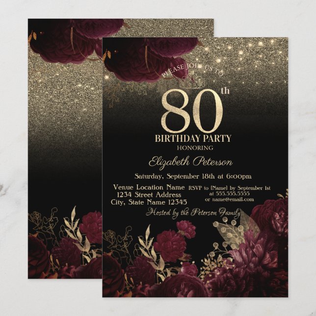 Invitación Burgundy Flowers Purpurina Black 80th Birthday (Anverso / Reverso)