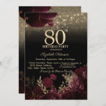 Invitación Burgundy Flowers Purpurina Black 80th Birthday<br><div class="desc">Una invitación moderna,  de moda y glamurosa,  con una tiara dorada elegante,  luces de cuerda y flores.</div>