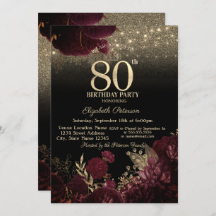 Invitación Burgundy Flowers Purpurina Black 80th Birthday