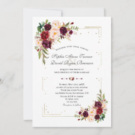 Invitación Burgundy Flowers Purpurina  de oro Boda de marco