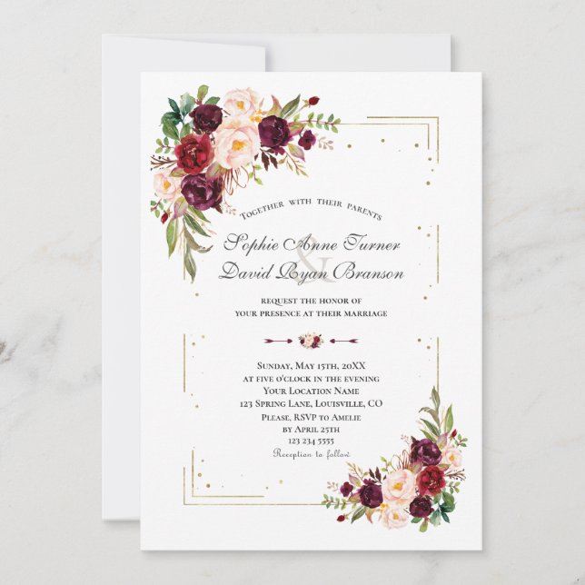 Invitación Burgundy Flowers Purpurina  de oro Boda de marco (Anverso)