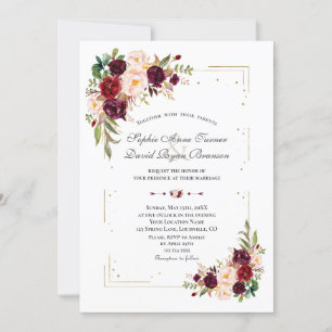 Invitación Burgundy Flowers Purpurina  de oro Boda de marco
