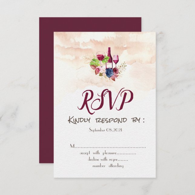 Invitación Burgundy Flowers Wine Tasting Watercolor RSVP (Anverso / Reverso)