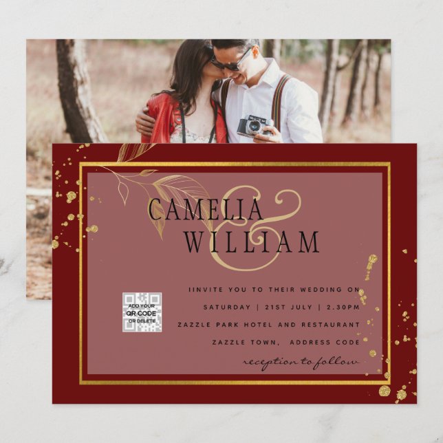 Invitación Burgundy FOTO Wedding Invitar código QR Guardar fe (Anverso / Reverso)