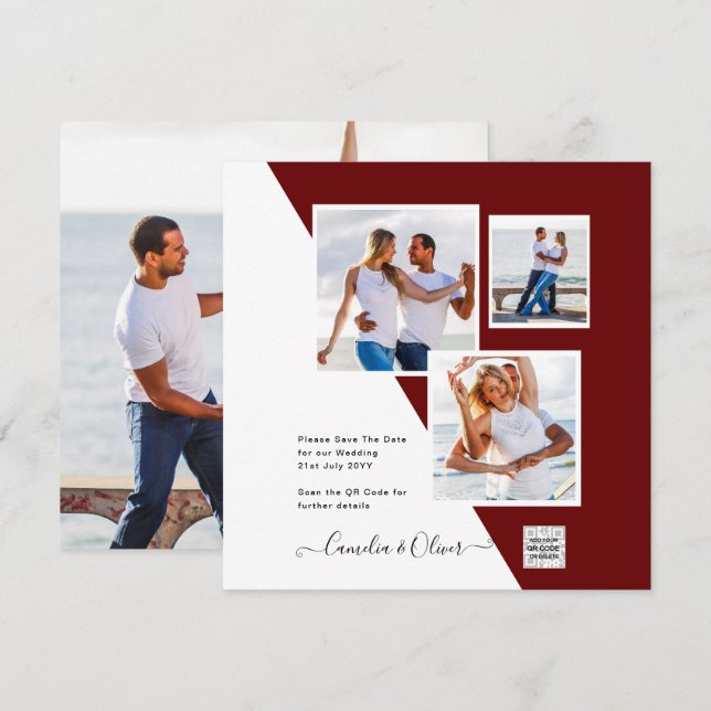 Invitación Burgundy FOTO Wedding Invitar código QR Guardar fe (Anverso / Reverso)